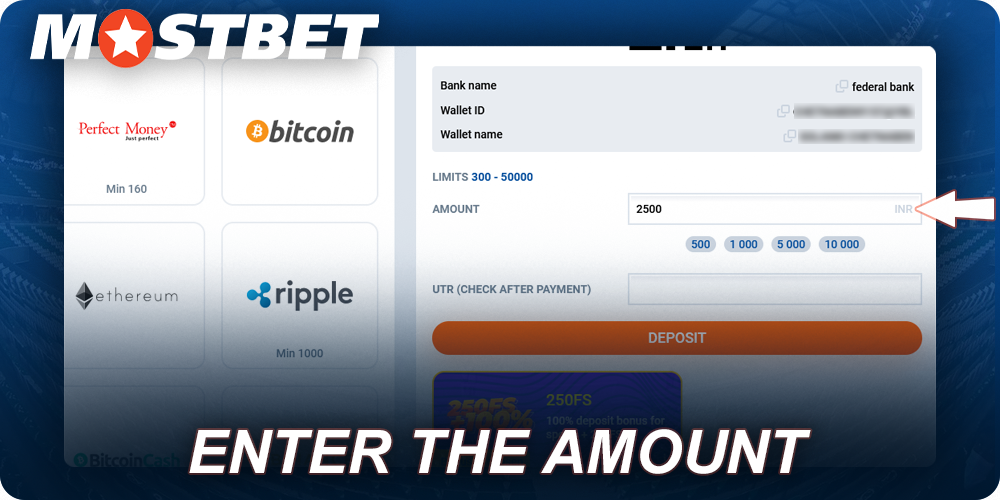 Enter deposit amount at Mostbet
