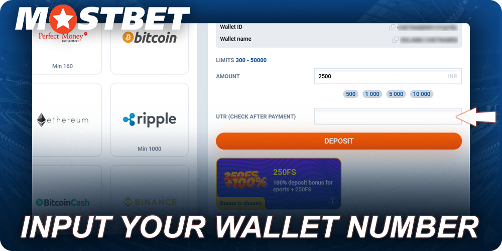 Input your wallet number in Mostbet deposit form