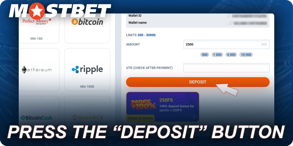 Click the "Deposit" button to complete the Mostbet deposit process