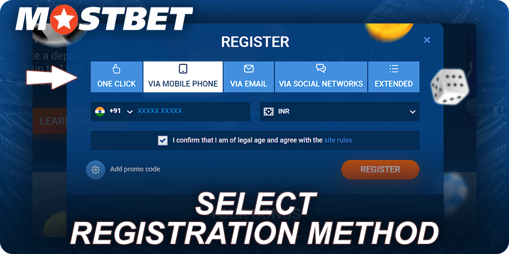 Select registration method at Mostbet