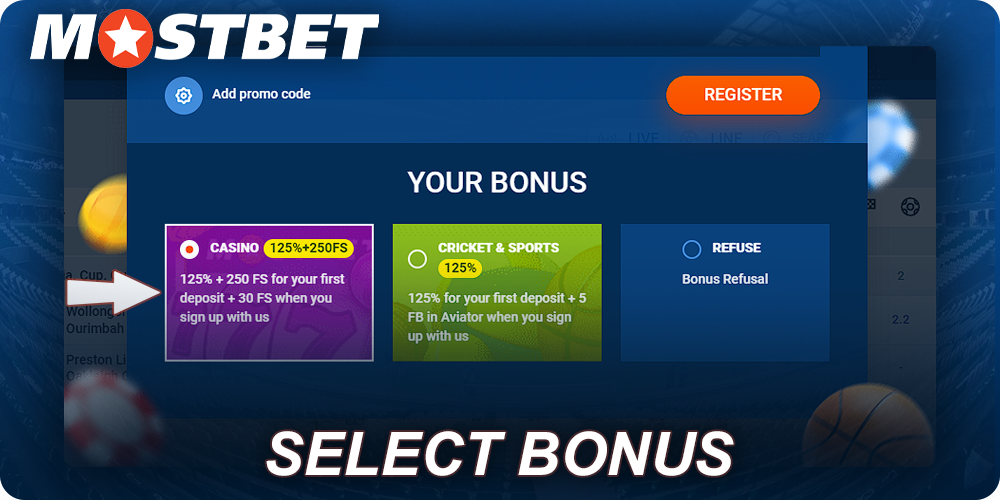 Select casino bonus at Mostbet register form
