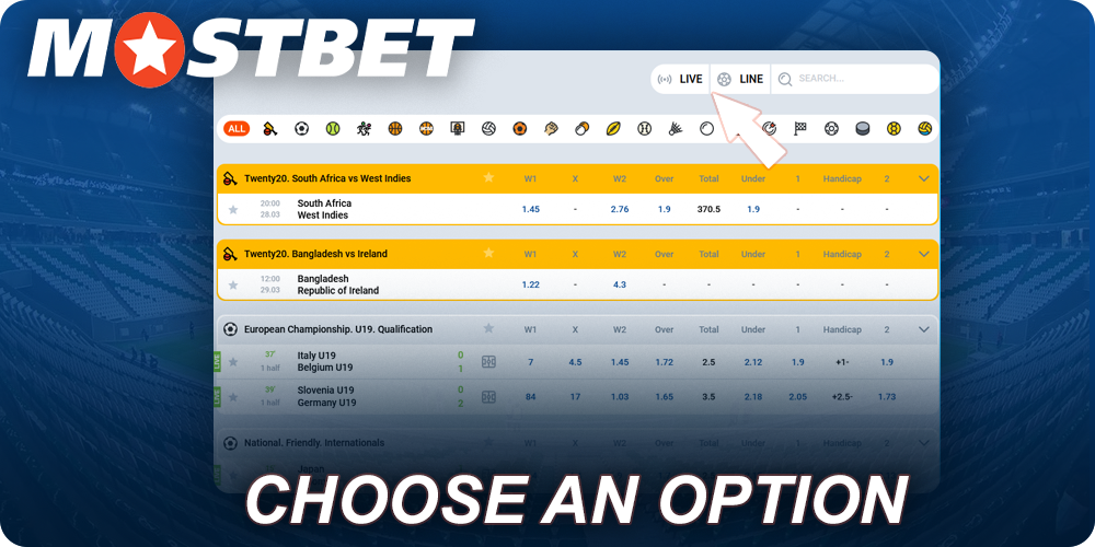 Select match type at Mostbet
