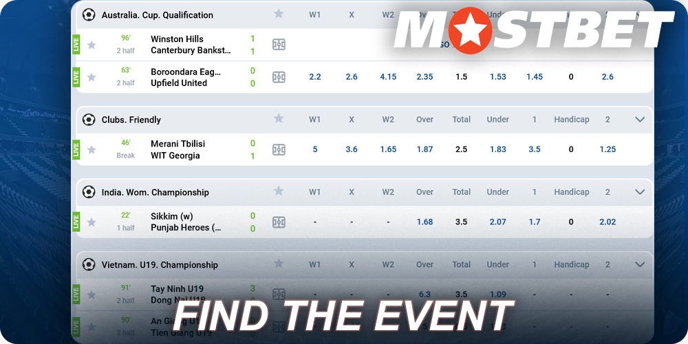 Find the event at Mostbet sportbook
