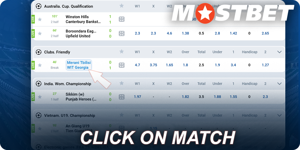 Click on match at Mostbet sportbook