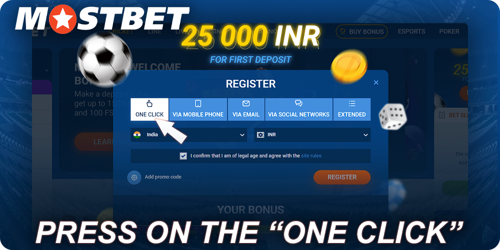 Select registration method "one click" at Mostbet