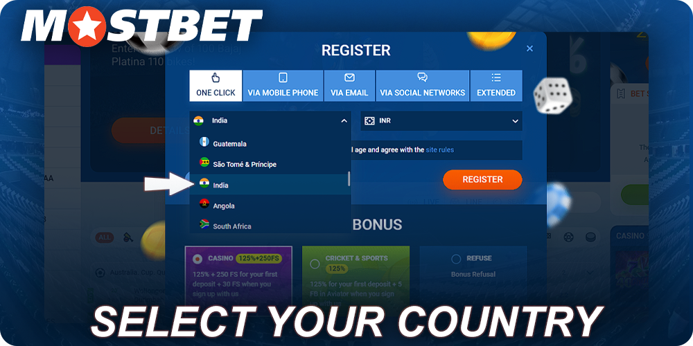Find India in the list of countries on Mostbet