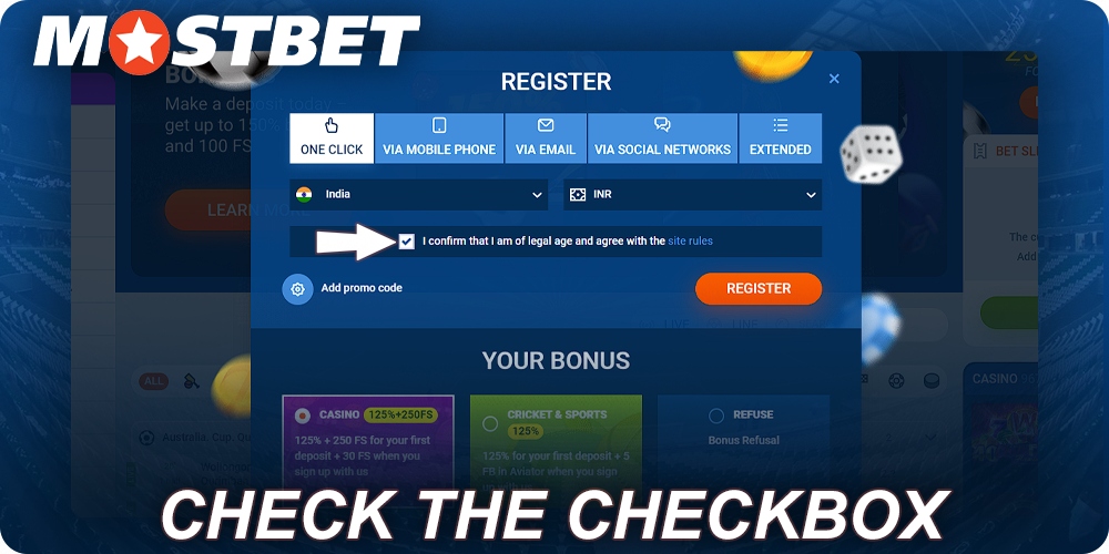 Check the checkbox in Mostbet register form