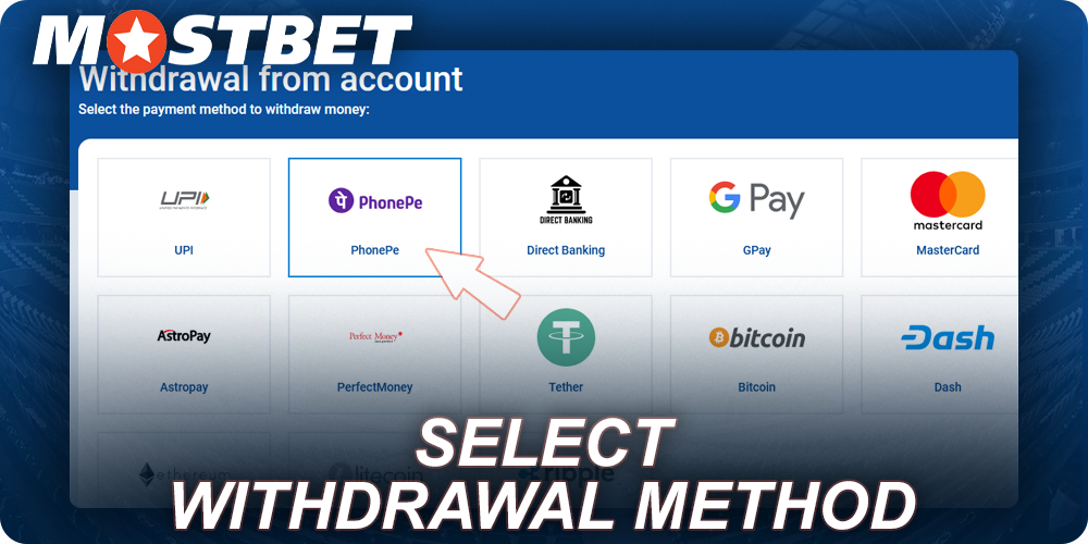 Select the Withdrawal method at Mostbet