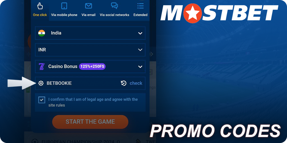 Use promo code BETBOOKIE when registering in Mostbet mobile app