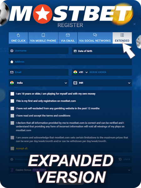 Extended version of registration on Mostbet