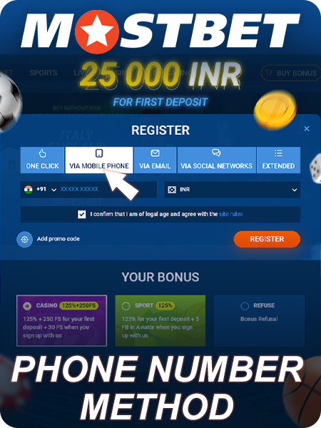 Registration using a mobile phone number on Mostbet