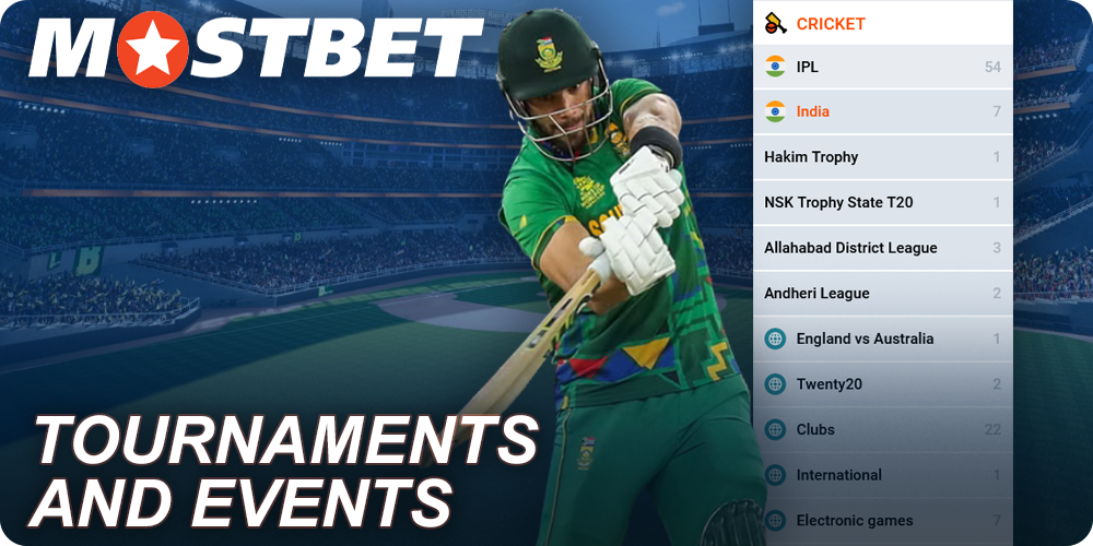 Cricket tournaments and events available for betting at Mostbet