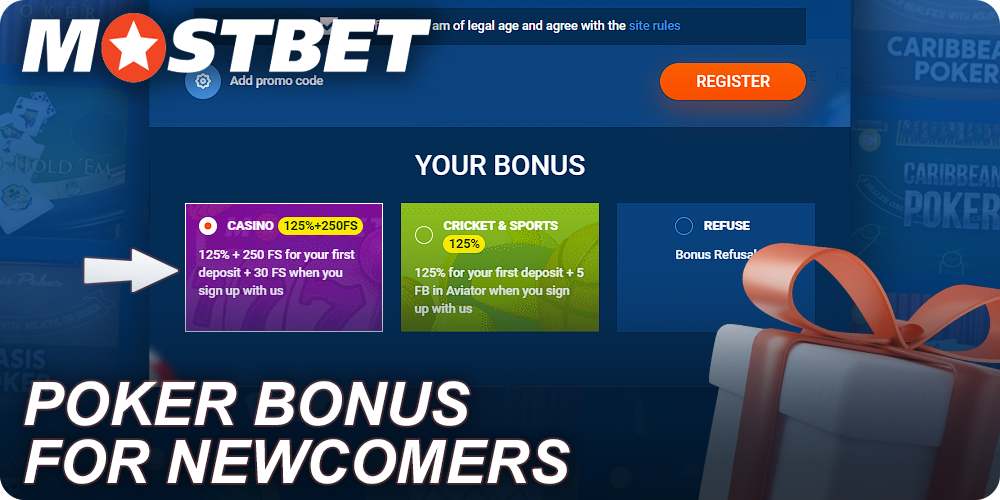Get a welcome bonus to play poker at Mostbet Casino